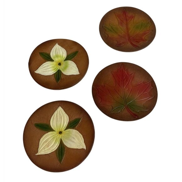 Unbranded Other - Round Leather Coasters Embossed Handpainted Floral Maple Leaf Canada Souvenirs 4